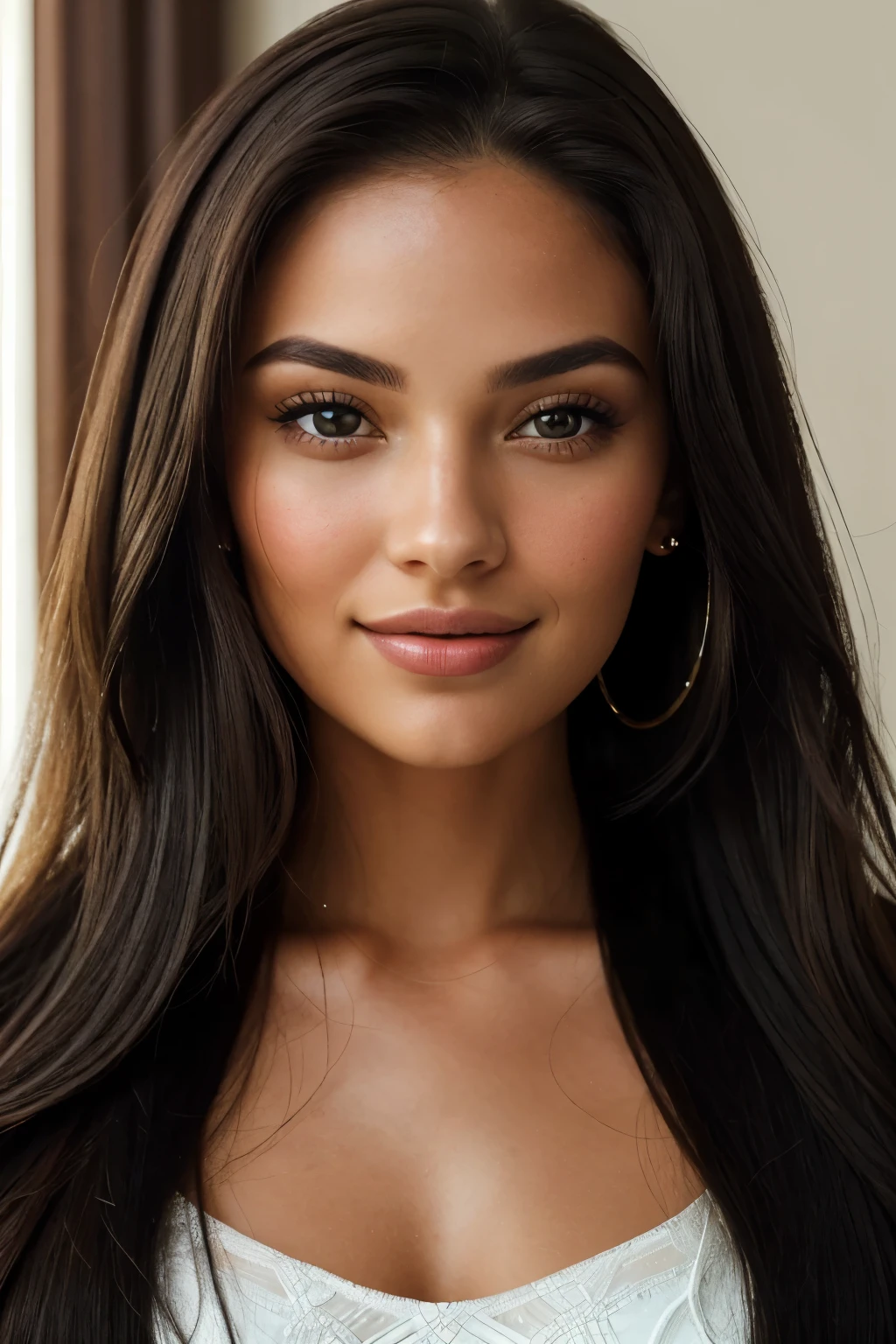 Higher resolution picture, frontal portrait of a woman named Lydia Grace, showcasing a radiant oval face that exudes elegance and charm. Her striking and captivating appearance is enhanced by long, straight, and flowing black hair that cascades over her shoulders, adding a touch of allure. Lydia's eyes, a mesmerizing shade of light honey brown, shine with intelligence and warmth, reflecting her radiant personality.
The features of her face are perfectly balanced, with an elegant nose and softly defined cheekbones. Her smile is radiant and contagious, lighting up the room whenever she enters, revealing naturally full and rosy lips. Lydia takes great