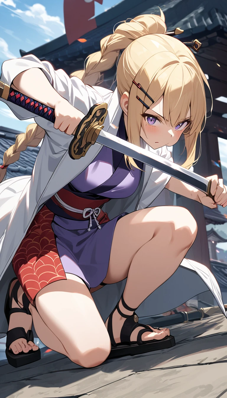 (One Girl)、blonde、Braided ponytail、hairpin、Hard Face、Purple sleeveless happi coat、red waistband、Black spats、Sandals、Bend on one knee、Sword in hand, ready to attack、On the roof of the Japan、