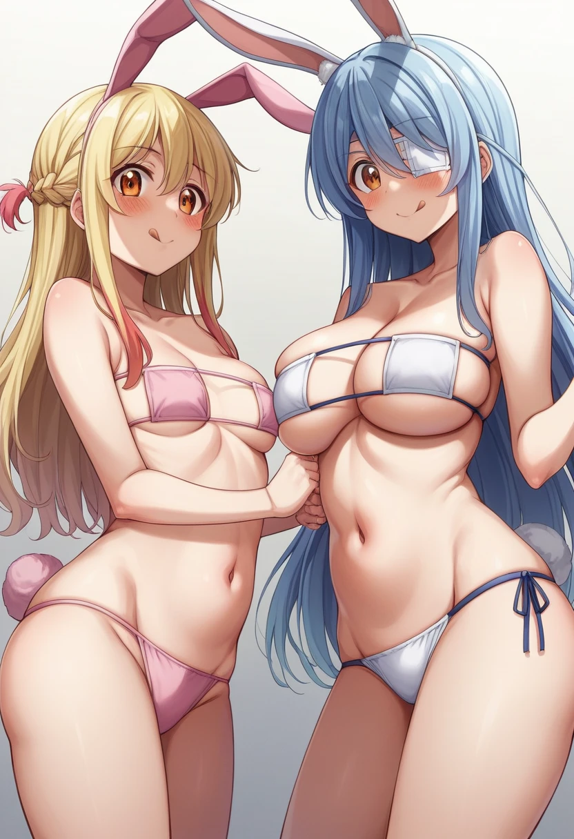 Usada Pekora、Long Hair、chest、Staring at the audience、blush、smile、bangs、Multiple Girls、巨大なchest、（巨大なchest：1.8)、hair ornaments、belly button、2 girls、Animal ears、underwear、Blue Hair、clavicle、tail、Braid、White Hair、Colorful Hair、tongue、tongue出し、Bunny ears、ツインBraid、Two-tone hair、Orange eyes、Animal earsの毛、grab、うさぎのtail、Blue Claws、String、Mature Woman、Bunny Girl、食べ物をテーマにしたhair ornamentother and daughter、Eyepatch bikini bottoms only、にんじんのhair ornaments