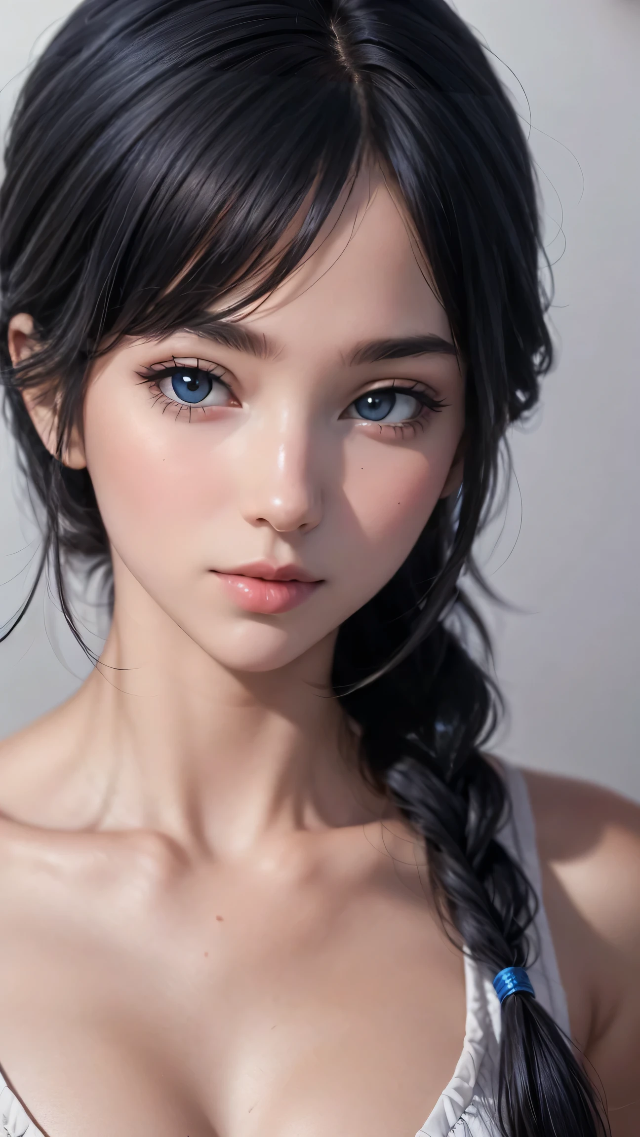 (8k, RAW Photos, Highest quality, masterpiece:1.2), (Realistic, photo-Realistic:1.37)、26 year old Japanese woman、Hair is black、Eye color is indigo、Long Hair、I braid it lightly、A slim but well-proportioned muscular body、Hair set、I'Punch in the chest、Ankle Accessories、smile、I'Wearing a hair band、Wearing a sheer tie-front shirt、My abs are ripped、I can see my bellybutton、Wear a navy blue low rise micro mini pleated skirt、smile