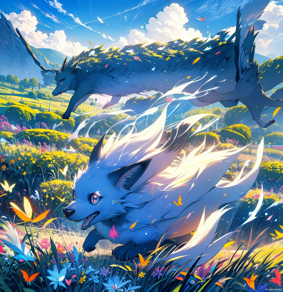 "Create an illustration of a cute corgi dog with a playful and happy expression, standing on a grassy field under a clear blue sky."