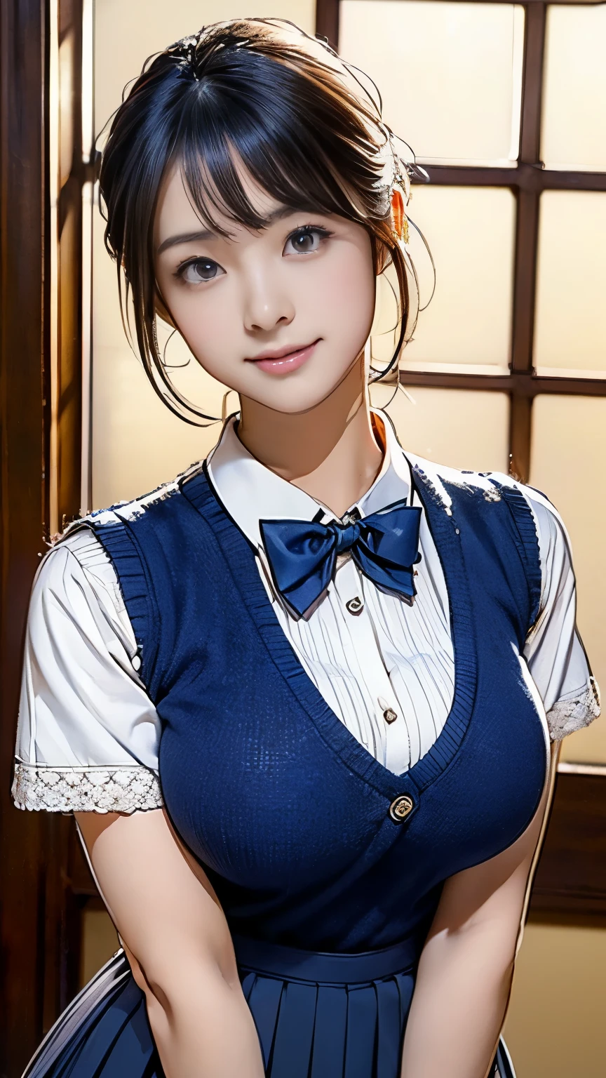 Close-up, masterpiece, highest quality, Complete Anatomy、Raw photo, Photorealistic、(Cute face:1.7)、(very cute smile:1.7)、(Round face:1.9)、(Cute like an idol:1.7), (Black-haired)、(Cute Uniform:1.7), Depth of written boundary, High resolution, Ultra-detailed, In detail, Very detailed, Very detailed目と顔, Realistic students, Sharp focus, Cinema Lighting、18-year-old female、(One Woman、Just One、solo、No background:1.9)、 (ponytail、Curly Hair:1.4)、Very detailed8K壁紙、Please show me your whole body、Looking at the camera、(Too short checkered pleated skirt、I see your white pants、ふっくらPantiesー、Lift up the hem of your skirt with both hands、カメラに向かってPantiesーを見せる:1.7)、(Brown long boots:1.6)、Angle from below、(太もものClose-up:1.8)、(A beautiful figure、Big breasts and small waist)、(Clothing that emphasizes the bulge of the chest、Huge boobs:1.8)、背景のDepth of written boundary,((Sexual pose:1.5))、((Panties:1.5))、((bra:1.5))、((Spread your legs upwards:1.5))