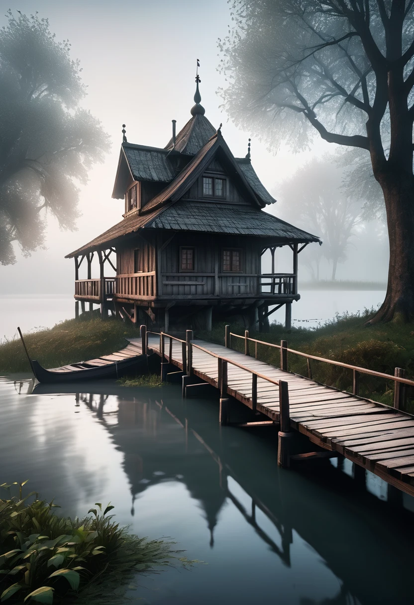 a wooden bridge that leads to a small island in the river. On the island stands a old house in slavic style, a couple of trees next to it, a half-submerged boat near the bridge. Fog rises around, a white haze around, like a veil separating from another world, style by HP Lovecraft, meticulous, intricate, entangled, intricately detailed, fog ambient:0.6, rare illumination