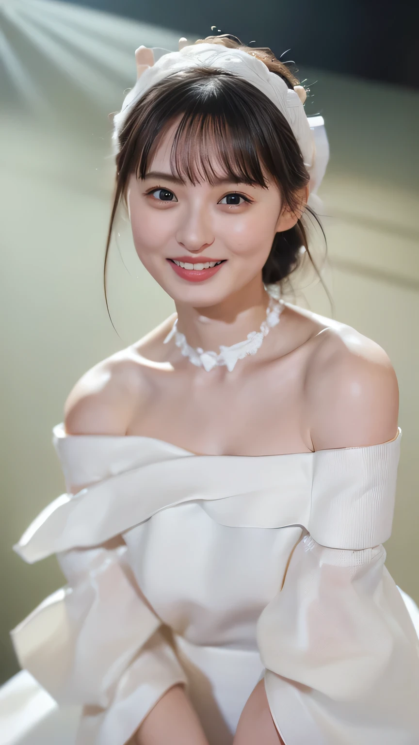 (8k、RAW Photos、Highest quality、masterpiece:1.2)、(Realistic、Realistic)、1 girl、((White off-the-shoulder dress、on stage、In the spotlight、View from above、smile、Looking into the camera 、smile、Upper body photo:1.5))、Leaning forward、cute、Large Breasts、(((Sing with a microphone)))