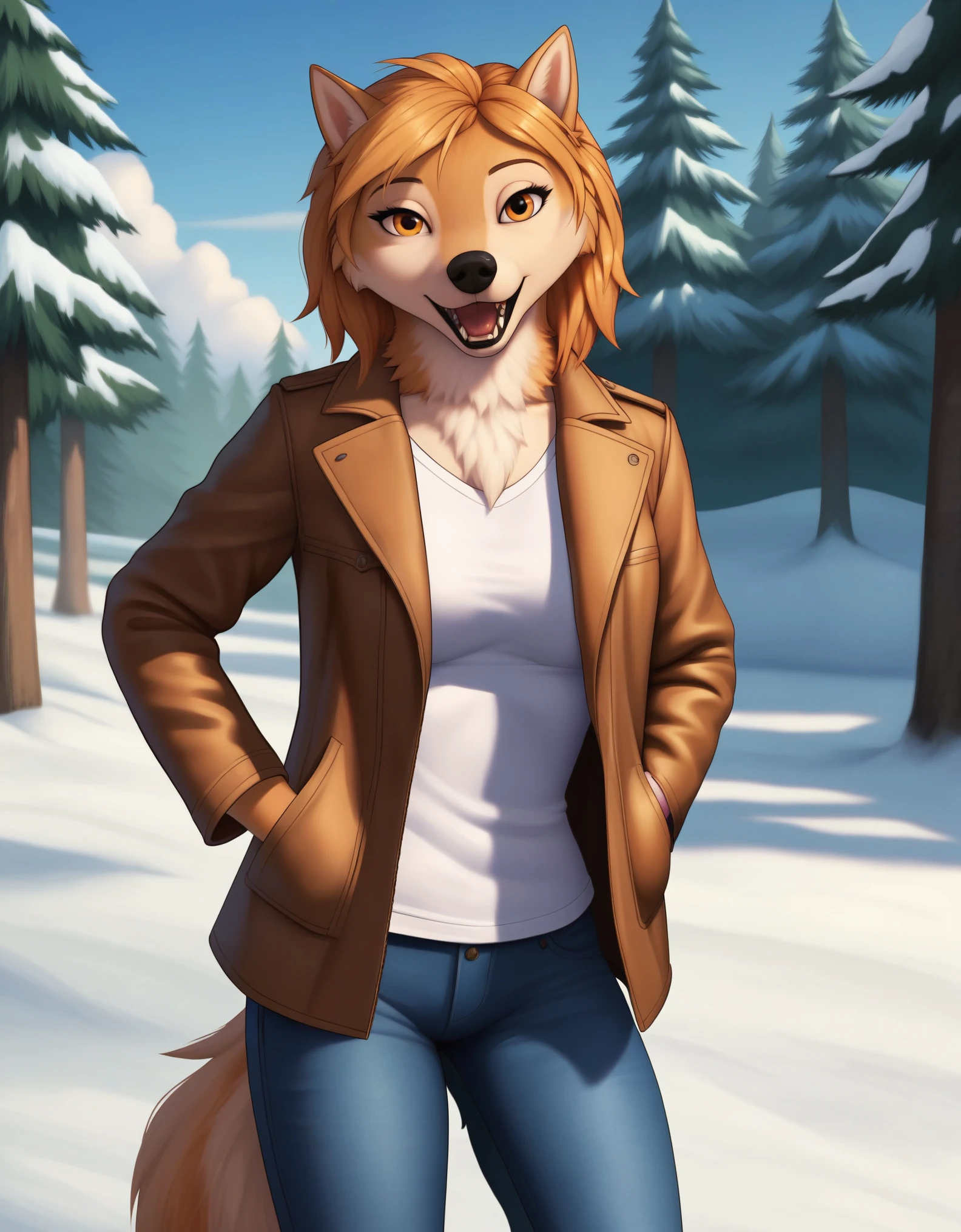 score_9, score_8_up, score_7_up, BREAK, 1girl, kate, wolf, feral,  solo, open mouth, looking at viewer, breasts, wearing, coat, pants, outside, furry female, anthro, tail, standing,