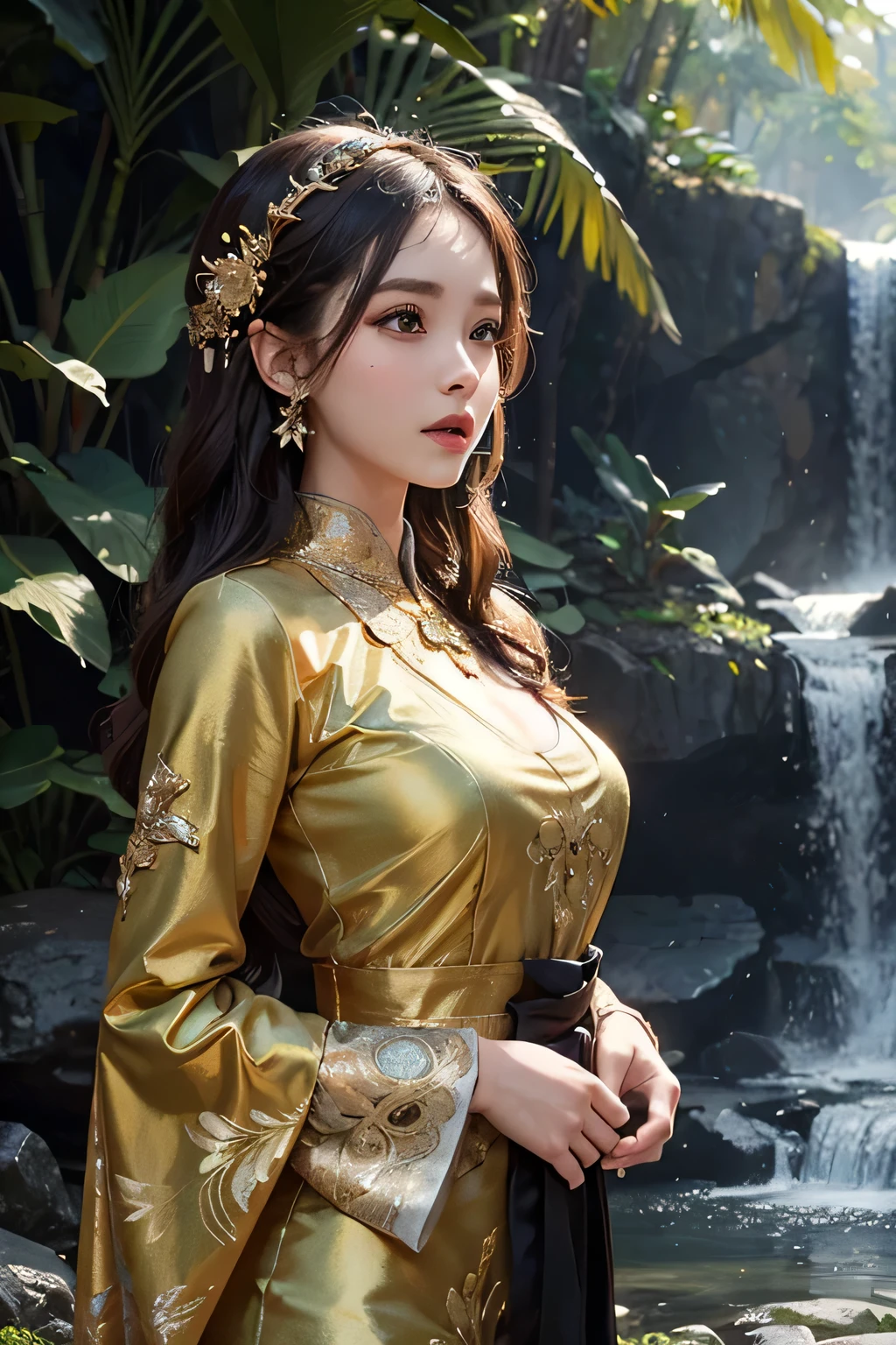 ((best quality)), ((masterpiece)), (detailed), woman, black long hair with javanese brown gown kebaya attire in forest with waterfall with gold bird flying