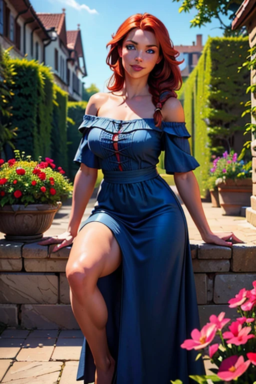 a beautiful girl with long red hair in a braid, off-the-shoulder dress, standing in a castle courtyard with a flower garden, looking directly at the viewer with a cute smile, extremely detailed facial features including big blue eyes, freckles, makeup, dynamic angle and pose, rule of thirds composition, dynamic perspective, dynamic line of action, full-body shot, 50mm lens, (best quality,4k,8k,highres,masterpiece:1.2),ultra-detailed,(realistic,photorealistic,photo-realistic:1.37), HDR lighting, cinematic composition, perfect anatomy, large breasts