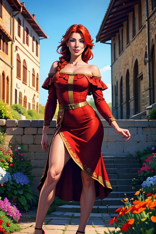 a beautiful girl with long red hair in a braid, off-the-shoulder dress, standing in a castle courtyard with a flower garden, looking directly at the viewer with a cute smile, extremely detailed facial features including big blue eyes, freckles, makeup, dynamic angle and pose, rule of thirds composition, dynamic perspective, dynamic line of action, full-body shot, 50mm lens, (best quality,4k,8k,highres,masterpiece:1.2),ultra-detailed,(realistic,photorealistic,photo-realistic:1.37), HDR lighting, cinematic composition, perfect anatomy, large breasts