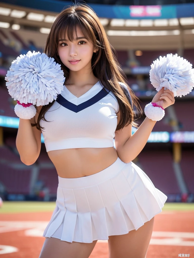 masterpiece, Highest quality, Very detailed, High resolution, (Realistic, photoRealistic:1.37), Excellent anatomy, One beautiful woman, 18-year-old, Height: 152cm, Cheerleader, (Holding a pom-pom in both hands:1.5), A small smile, cheer leading, Cheerleader uniform, (shape), Micro Pleated Mini Skirt, No underwear, ((Very delicate and beautiful)), ((Stadium Background:1.2)), Brown Hair, Long Hair, bangs, Very beautiful face, Cute type, Big Natural Color Lip, Small and cute nose, Big and pretty eyes, Brown eyes, Obvious double, Shiny highlight spots around the eyes, Character Focus, Tilt your head, The best light, Best Shadow, mysterious, Perfect Face, Very detailed, Soft Skin, (Glowing Skin, Sweaty: 1.2), Beautiful feet, Voluptuous thighs, Plump body, Huge breasts, (Expresses the roundness and softness of the chest area.........1), Beautiful body, (The perfect woman), Spread your legs, ((Provocative dynamic pose)), Skirt flip, (Spreading pussy:1.5)