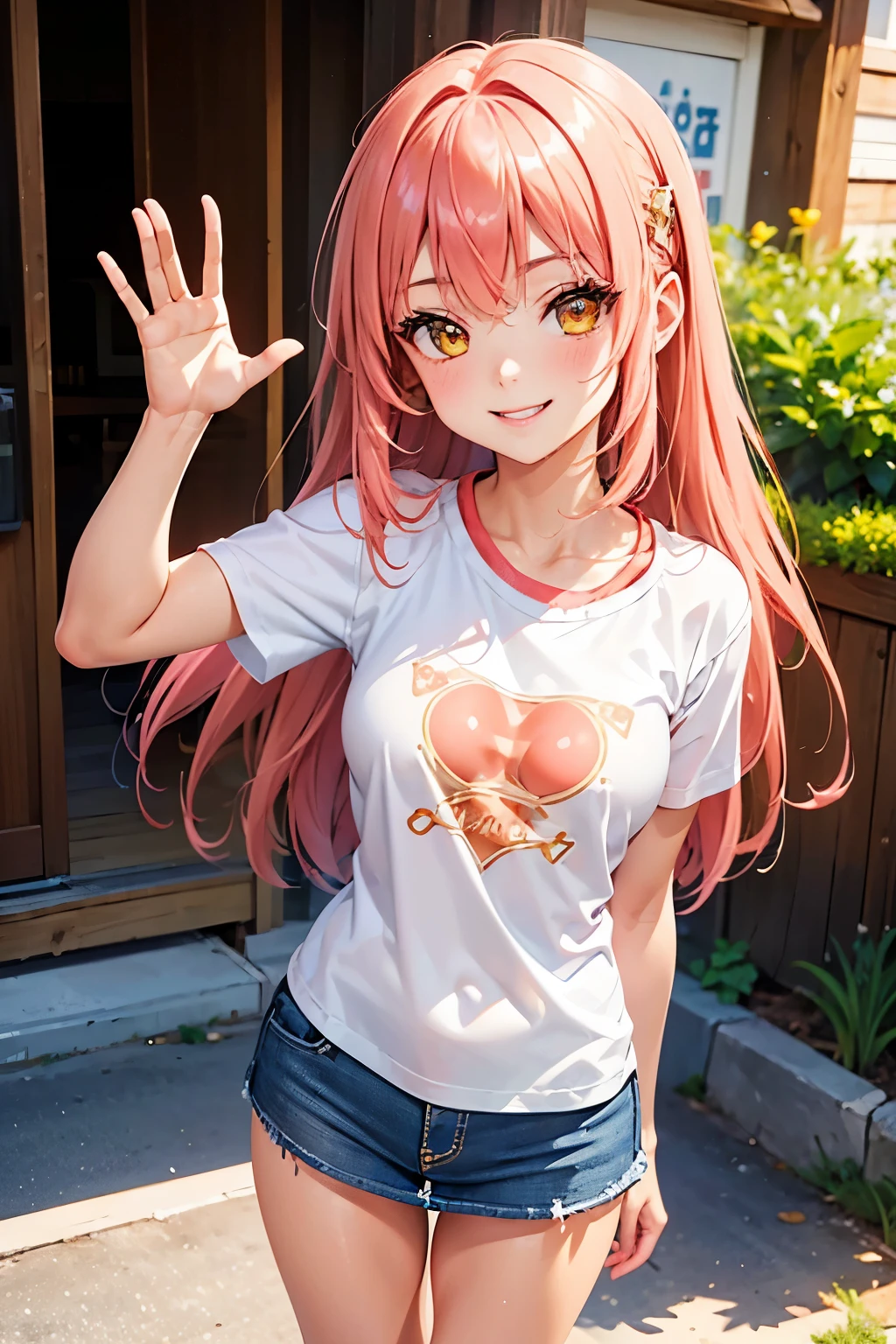 best quality, (masterpiece:1.3), absurdres, highres,16k, ultra high res, official art, illustration,extremely detailed, 1girl, solo, full body, 20yo, 
delicate lines tailed face, (long hair1.2), (straight hair1.8), (beautiful (coral pink) hair:1.2), (shiny hair:1.2), (beautiful (gold) eyes:1.2), (shiny eyes:1.2), (small breasts), (gleaming skin:1.4),
(cowboy shot:1.5), happy smile, 
standing, ((waving gesture:1.2))
(t-shirt, miniskirt), 
simple background