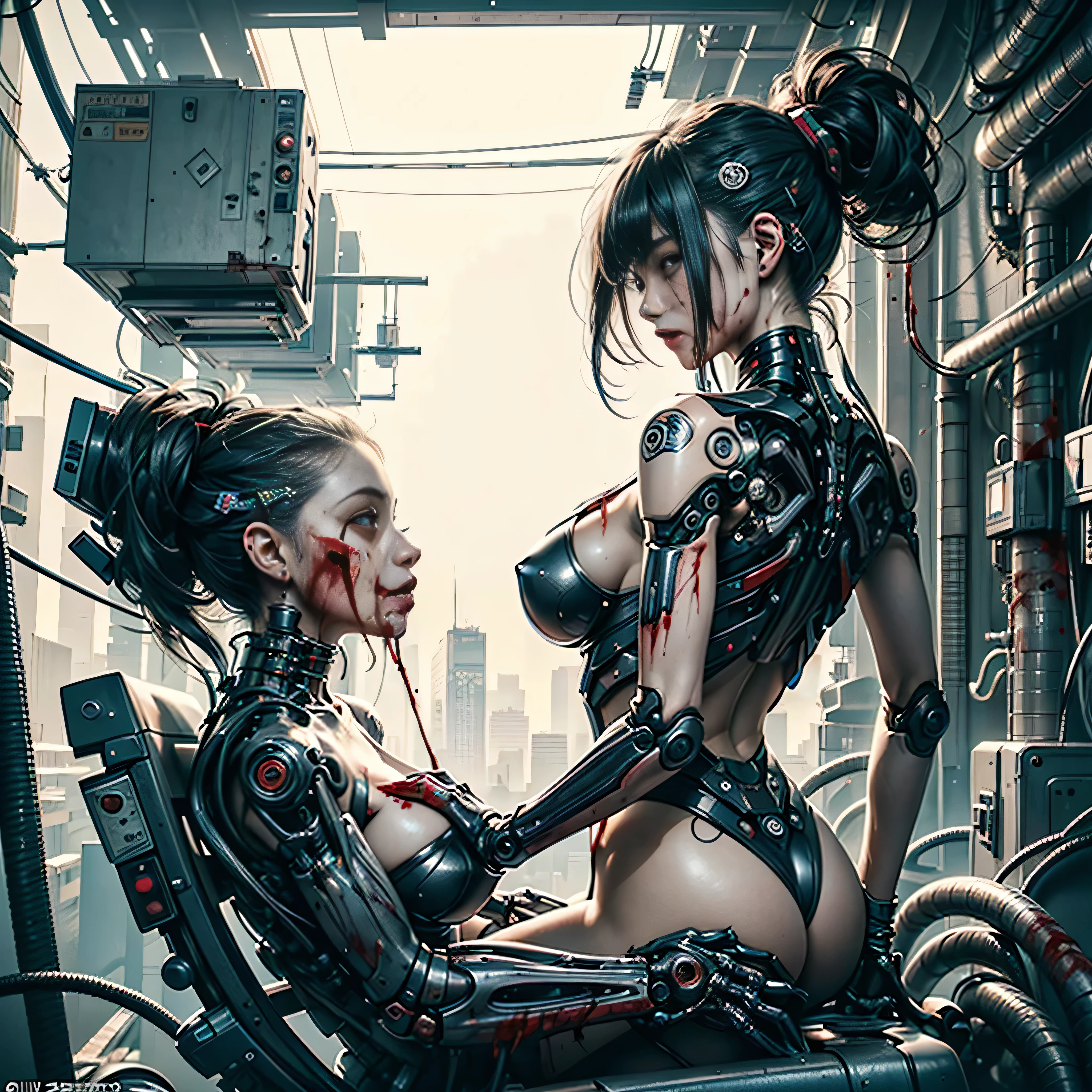 (masterpiece, top quality, best quality, official art, beautiful and aesthetic:1.2), (1girl:1.3), extreme detailed,colorful,highest detailed ((ultra-detailed)), (highly detailed ultrarealistic), ((slender but busty model)),(from side),cinematic light, HDR ((1mechanical girl)),solo,full body,(machine made joints:1.2),((machanical limbs)),(blood vessels connected to tubes),(mechanical vertebra attaching to back),((mechanical cervical apparatus scifi)),(sitting),expressionless,(wires and cables attaching to neck:1.2),(wires and cables on head:1.2)(character focus),science fiction,white background, bruises, cuts, (blood:1.5) (bokeh background with massive futuristic machineries, cyberpunk) seductive but shy (in the style of H.R.Giger)