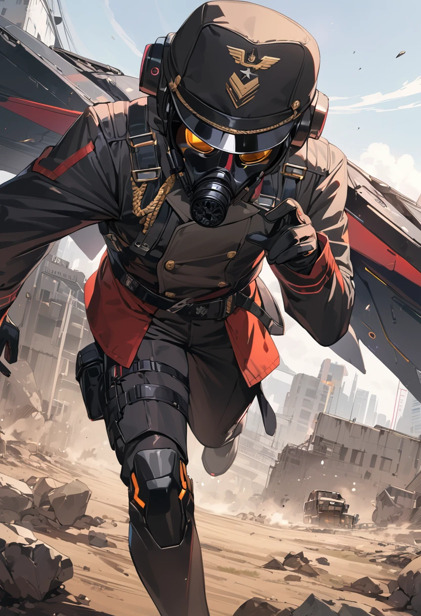 (masterpiece, best quality:1.1), (ultra highres, ultra-detailed:1.2),pop-art, one boy,male officer,(dynamic pose),(black military cap,military Gasmask,gloves,has large rweapon,(mechanical wings)),BREAK (cyberpunk nazi-uniform),(wasteland,no man's land),dynamic angle,