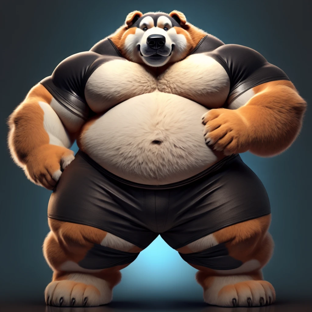 Fat Huge Daddy Furry Black IceBear Dog Bigger belly and large chunky body wearing Black Shorts