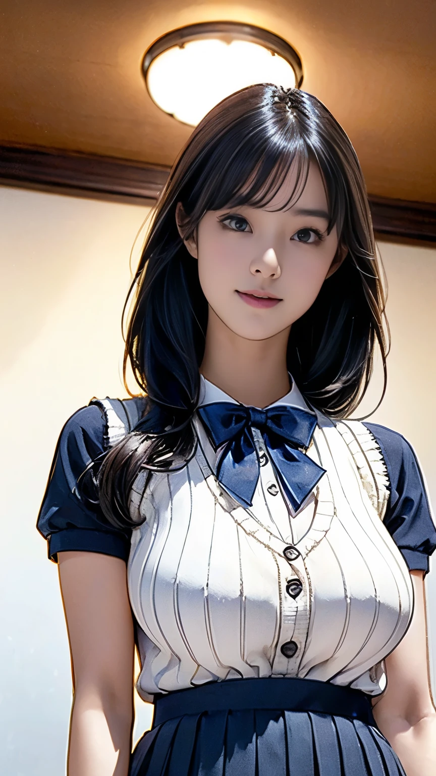 (masterpiece:1.2, best quality), (Practical, photoPractical:1.4), (Large Breasts:1.5), Fine quality illustrations, (Natural side light, Cinema Lighting), Written border depth, Looking at the audience, (Face Focus, Upper Body), Front view, 1 girl, Japanese, High school girl, , Perfect face, Symmetrical cute face, Radiant Skin, (Bob Hairstyle:1.7,Black Hair), Asymmetrical bangs, big eyes, Drooping eyes, Long eyelashes chest), Thin, Beautiful hair, Pretty Face, Pretty and beautiful eyes, Beautiful clavicle, Beautiful Body, Beautiful breasts, Beautiful thighs, Beautiful legs, Beautiful fingers, ((High-quality fabric texture, Brown knitted vest, Short sleeve white collar shirt, Navy blue pleated skirt, Navy bow tie)), (beautiful scenery), night, (Flower shop interior), Standing, (Smile, Predominant, open mouth), (From below:1.5),(Low visibility:1.5), (From below)