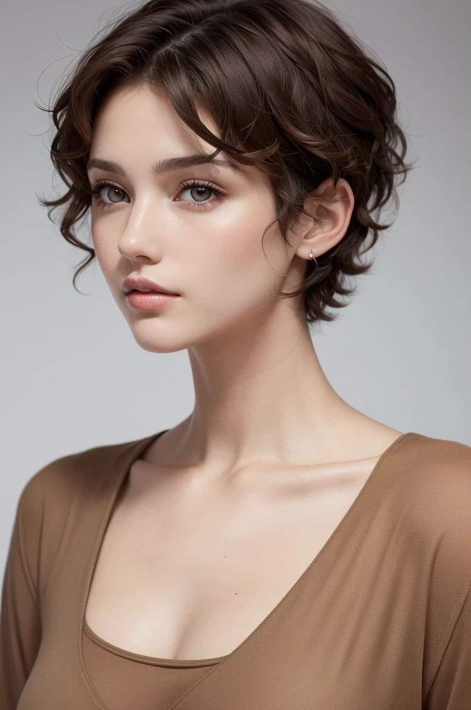 Caucasian woman with short, curly hair cut with a slight gradient on the side, dark brown hair, brown eyes and a slightly defined jawline
