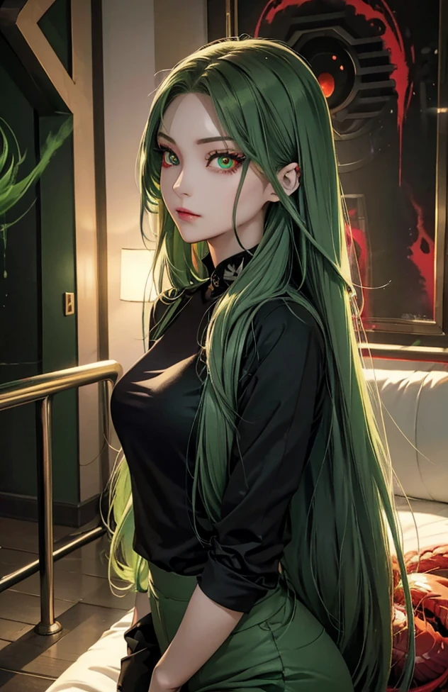 Woman with long hair straight, green hair, high detailed, realistic, ultra realistic, villain, black shirt and short pant, green acid spray mouth, ((red viper eyes)), red eyes