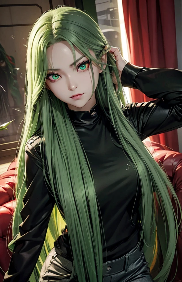 Woman with long hair straight, green hair, high detailed, realistic, ultra realistic, villain, black shirt and short pant, green acid spray mouth, ((red viper eyes)), red eyes