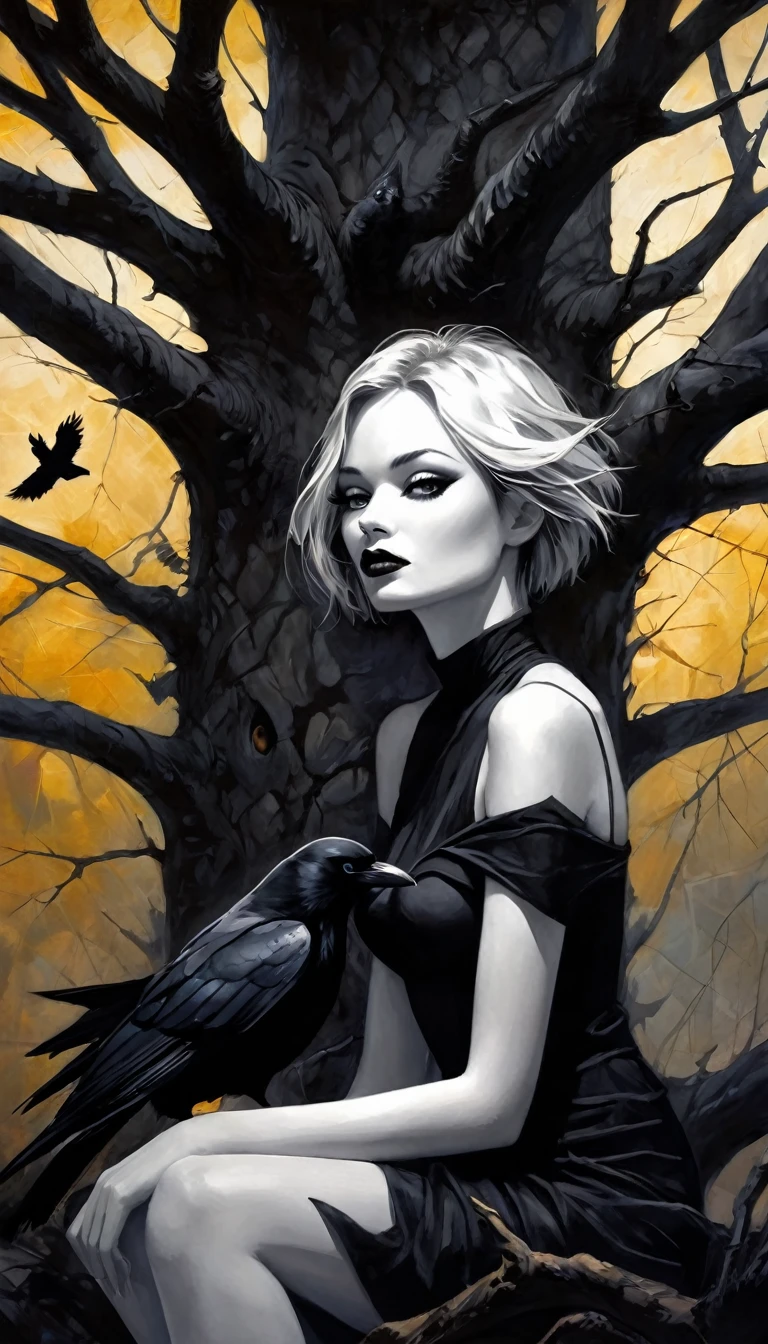 a large dry tree, crows, a sexy monster girl with torn clothes sitting at the base of the tree, black and white image, art inspired by Bill Sienkiewicz, crows eroticism, sexy, black and white image,(best quality,4k,8k,highres,masterpiece:1.2),ultra-detailed,(realistic,photorealistic,photo-realistic:1.37),intricate details,vivid colors,sharp focus,professional,Dave McKean artwork, oil touch of surrealism,oil painting style,portrait,woman,beautiful detailed eyes,beautiful detailed lips,dreamlike atmosphere,shadow play,soft lighting,playful pose,minimalist room,dark hues,ethereal background,fantasy elements,texture,layered composition.