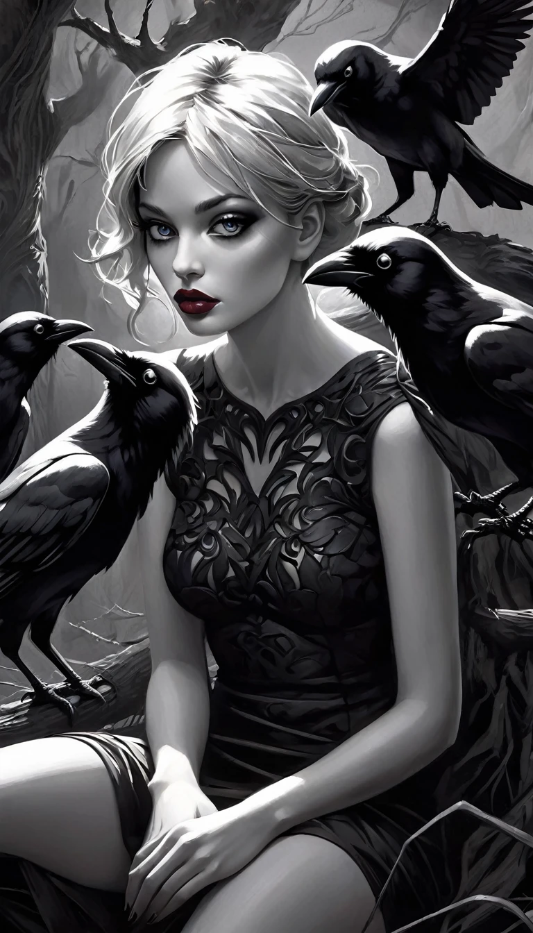 a large dry tree, crows, a sexy monster girl with torn clothes sitting at the base of the tree, black and white image, art inspired by Bill Sienkiewicz, crows eroticism, sexy, black and white image,(best quality,4k,8k,highres,masterpiece:1.2),ultra-detailed,(realistic,photorealistic,photo-realistic:1.37),intricate details,vivid colors,sharp focus,professional,Dave McKean artwork, oil touch of surrealism,oil painting style,portrait,woman,beautiful detailed eyes,beautiful detailed lips,dreamlike atmosphere,shadow play,soft lighting,playful pose,minimalist room,dark hues,ethereal background,fantasy elements,texture,layered composition.