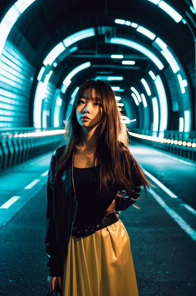**prompt**:
Beautiful Japanese girl standing in a futuristic tunnel。Background、In a curved tunnel reflecting colorful neon lights、Light swirling in a spiral。The walls and floor of the tunnel reflect light like mirrors.、Creates a fantastic atmosphere。The beautiful girl is wearing a thin fabric outfit.、The light shines through, highlighting her silhouette.。Her pose is、bend your knees slightly、Stretch one hand forward、The other hand moves in a natural way, like brushing your hair back.。As a photographic technique、Set a shallow depth of field、Blur the background light、Focus on beautiful girls。The contrast between light and shadow is enhanced、Realistic texture and detailed depiction stand out。It was shot in portrait mode.、Futuristic and ultra-realistic live-action finish、It creates a fantastic atmosphere。