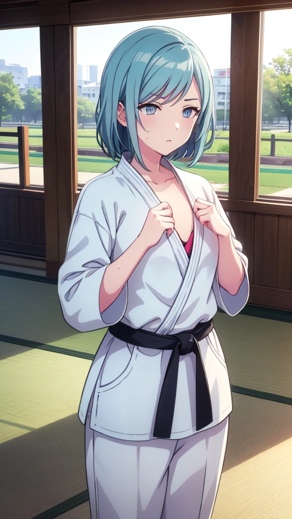 ((masterpiece, Highest quality, Very detailed, Very nice 8K CG wallpaper)), , A little thick, Medium Hair, Very light mint colored hair, short hair, Very light blue eyes,judo player、長袖judo着、Large bust、ロングjudoパンツ、judo、Serious expression、Inside the judo Gymnasium、、On the tatami、discovery、One Girl、Ready for battle、A tough fight、Shizuku Hinomori、Bust Size: B cup、Sweating