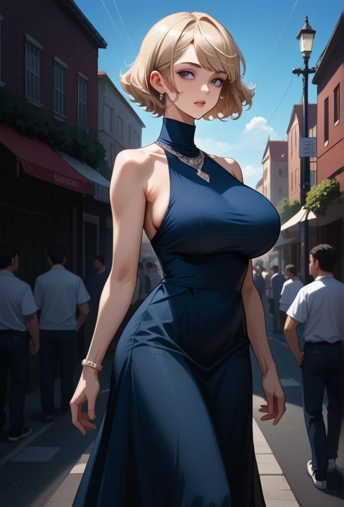 best quality, 1 girl, (sKindentation), (Huge breasts:1.2), (blur bacKground:0.6), (street:1.2), (people, crowd:1), garden, sky, outdoor, (Casual yet stylish, elegant fabric, high necK dress:1.5), Gorgeous, (Bangs, short hair:1.5), (flowing hair:1.2), (dynamic poses:1.2), soft light, Wind, (headlight:1.5), maKeup,