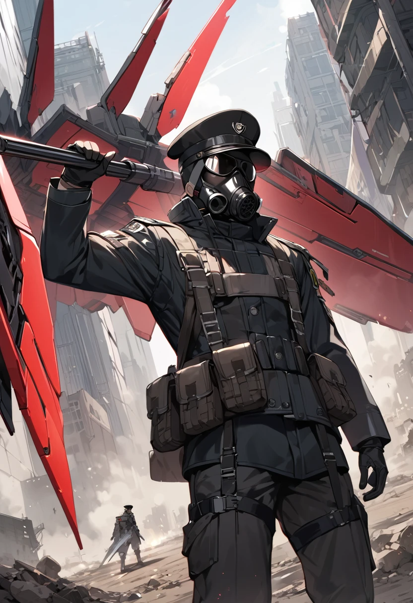 (masterpiece, best quality:1.1), (ultra highres, ultra-detailed:1.2),pop-style, one boy,male officer,(posing),(black military cap,military Gasmask,gloves,has large rweapon,(mechanical wings)),BREAK (cyberpunk nazi-uniform),(wasteland,no man's land),dynamic angle,