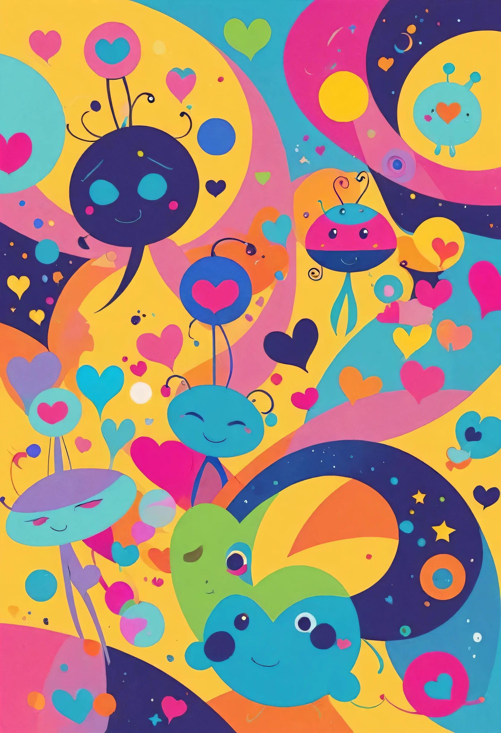 Vasily Kandinsky colorfull style, Simple Line Initialism，Abstract art, colorful hearts, funny design, (((bosom buddy ))), (((Cute Aliens))), The background is space