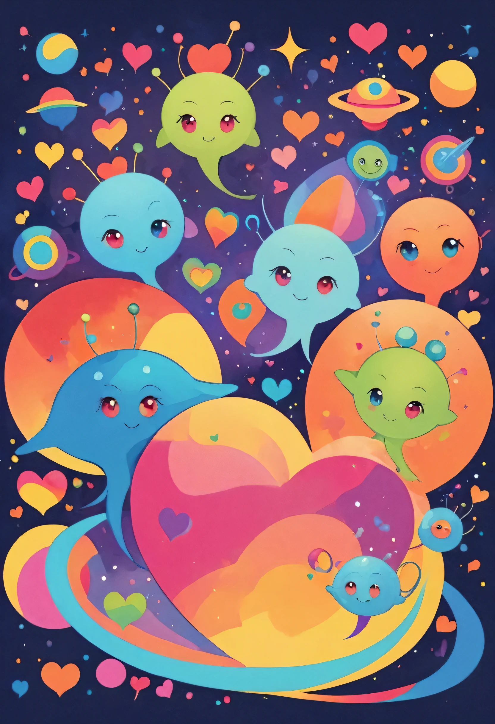 Vasily Kandinsky colorfull style, Simple Line Initialism,Abstract art, colorful hearts, funny design, (((bosom buddy ))), (((Cute Aliens))), The background is space