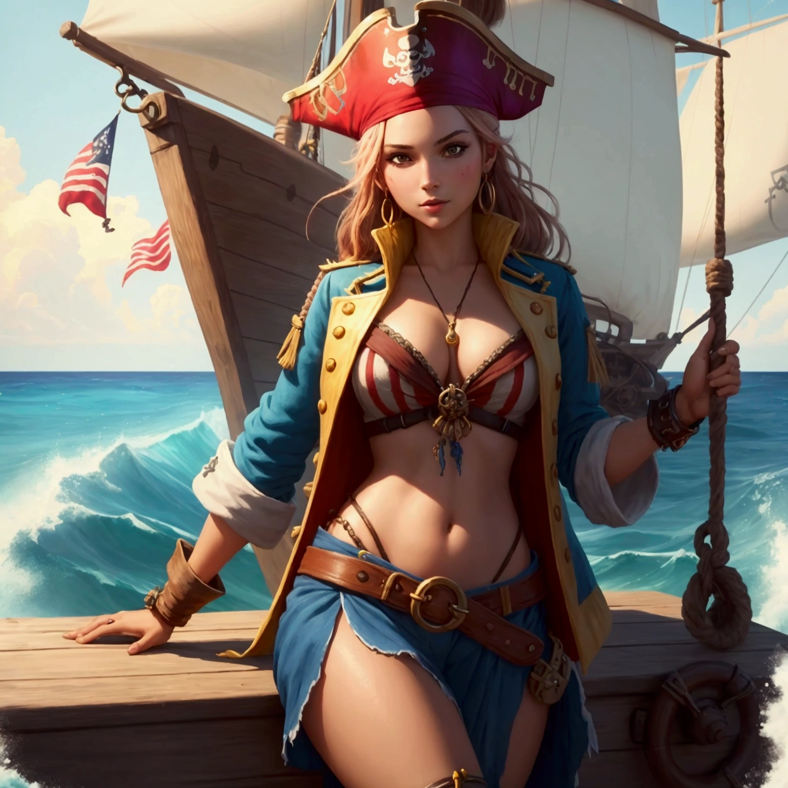 Highest quality), (Attention to detail), (Vibrant colors), (close), (One girl), A beautiful female pirate captain sailing the high seas, High resolution, 4K, 3d, Graffiti Art Style.Summer vacation