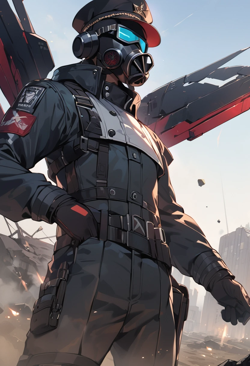 (masterpiece, best quality:1.1), (ultra highres, ultra-detailed:1.2),pop-style, one boy,male officer,(posing),(black military cap,military Gasmask,gloves,has large rweapon,(mechanical wings)),BREAK (cyberpunk nazi-uniform),(wasteland,no man's land),dynamic angle,