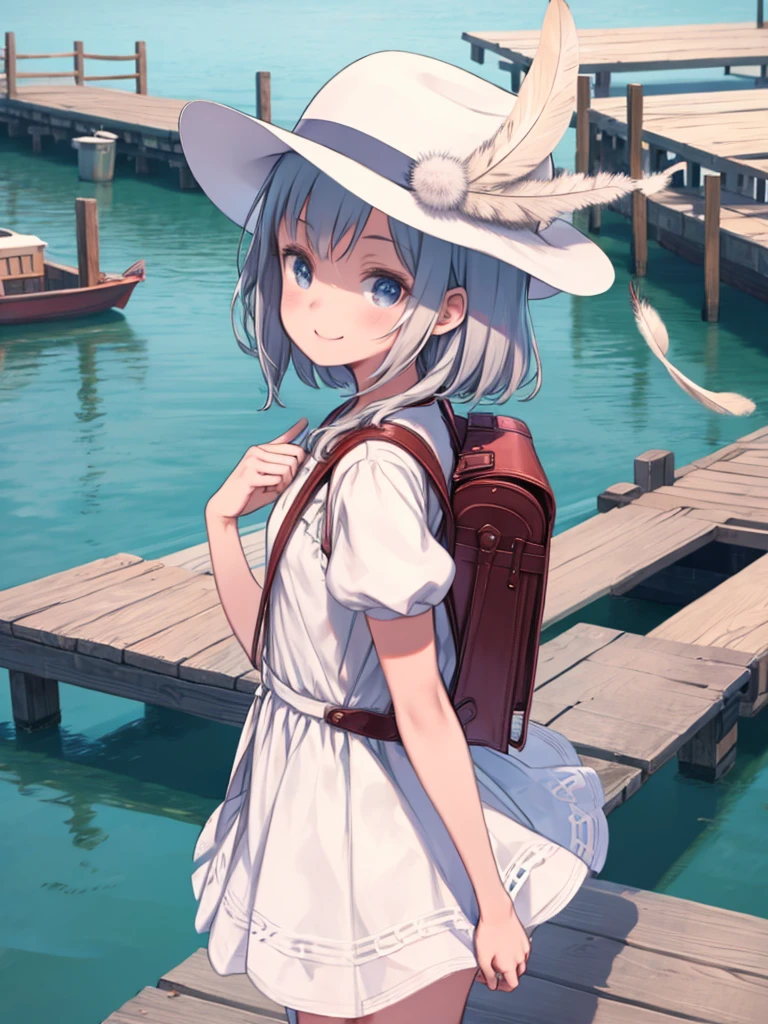 One girl, alone, Cowboy Shot, dock, boat, Tresa, Hat feathers, White Dress, Backpack, smile