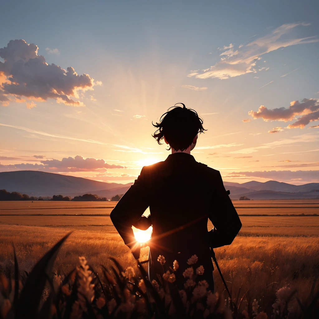 Silhouette of person on his back in the field