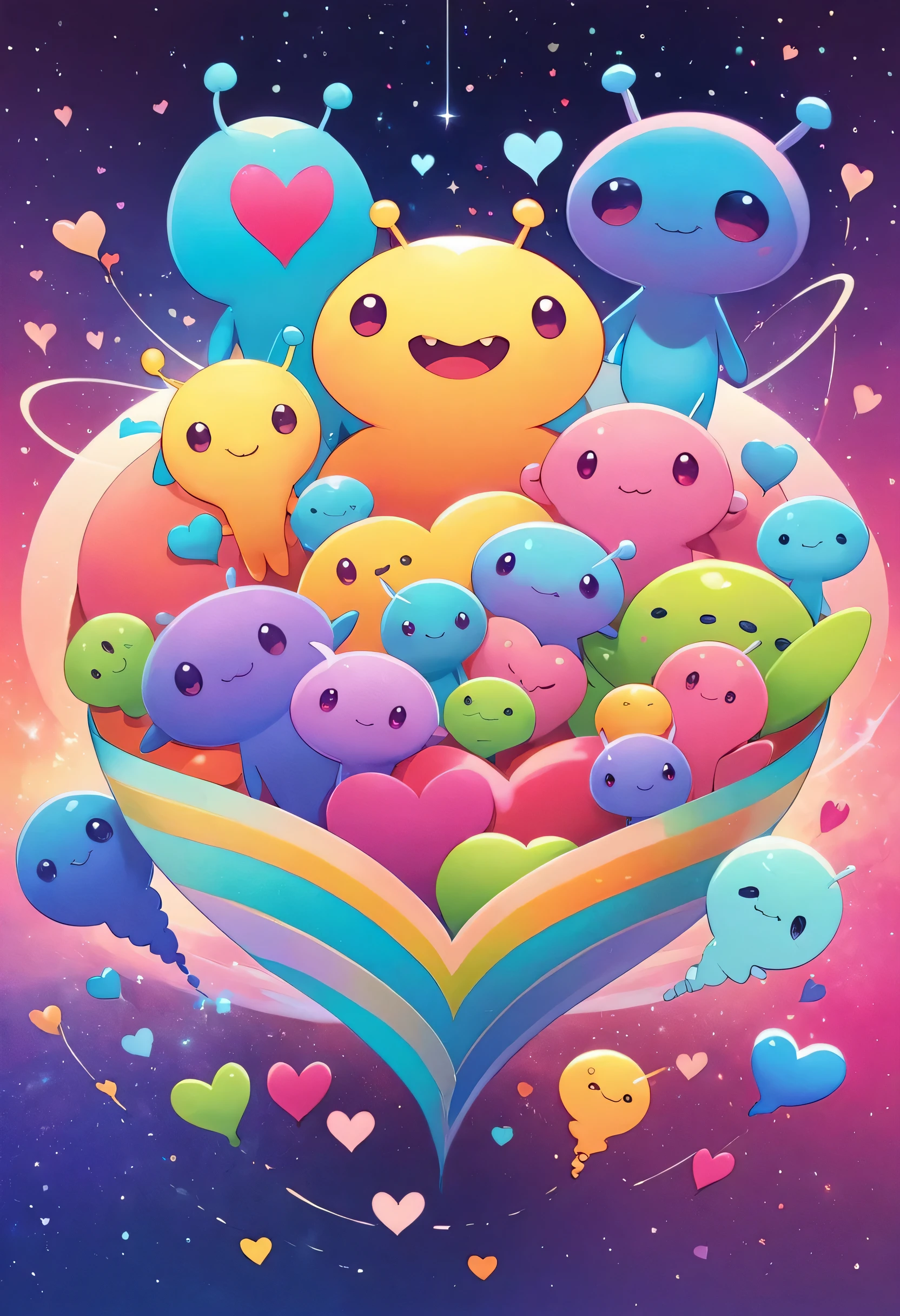 Micho colorfull style, Simple Line Initialism,Abstract art, colorful hearts, funny design, (((bosom buddy ))), (((Cute Aliens))), The background is space