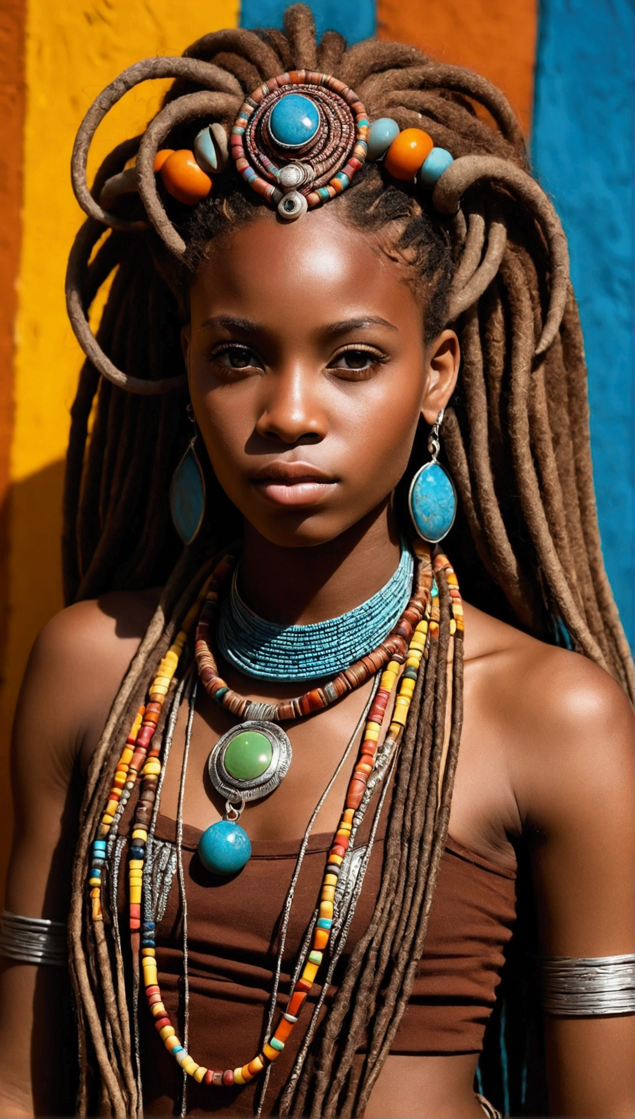 mulher com dreadlocks e um cocar colorido, Estilo Afrofuturist, afrofuturism, Queen African, african princess deslumbrante, black african princess, futuristic himba age girl, Afrofuturist, futuristic himba young woman, african princess, Afrofuturist, dark skin female goddess of love, beautiful futuristic himba woman, Afrocentric mysticism, 1mm silver chain necklace with small simple cabochon pendant
