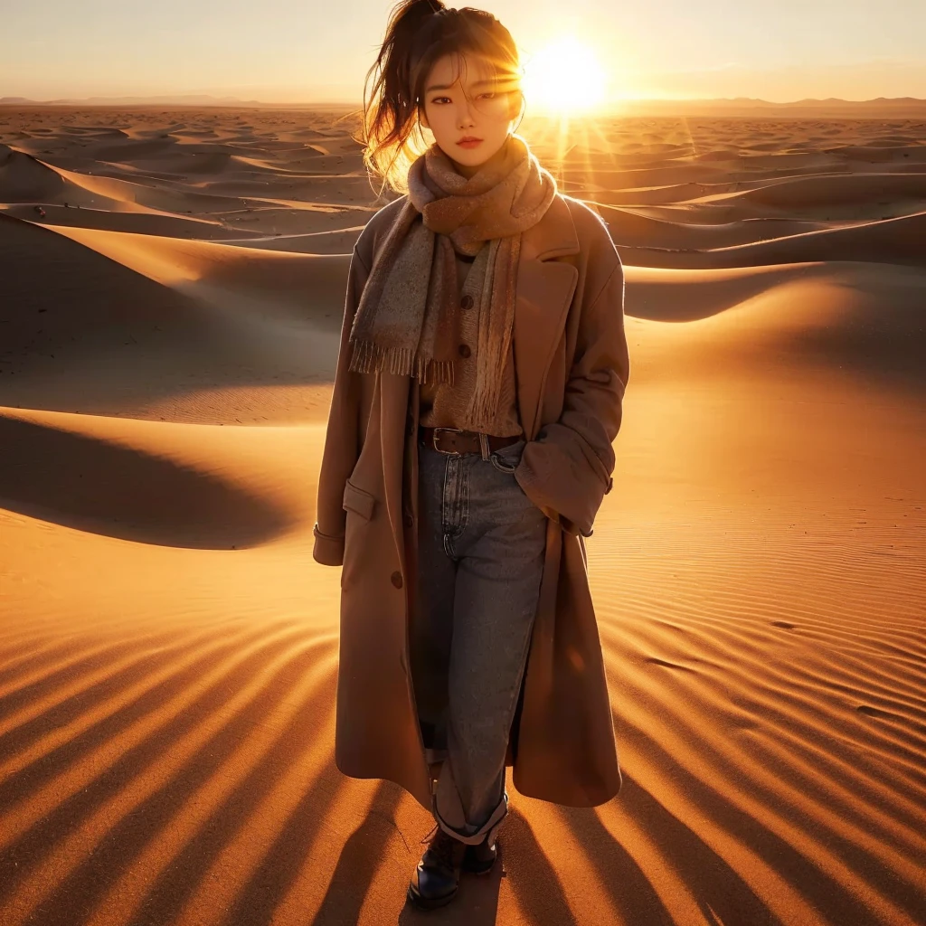 Professional photography, a Korean girl with pony tail hair, wearing an overcoat jacket with a scarf around his neck, jeans, boots, standing sideways facing the sun on a rippling sand dune at dawn, the sun casts a warm glow that illuminates the landscape, creating dramatic shadows that ripple across the sand, the background shows a vast desert horizon with the sun's rays lighting up the sky in a stunning display of color, looking at the camera