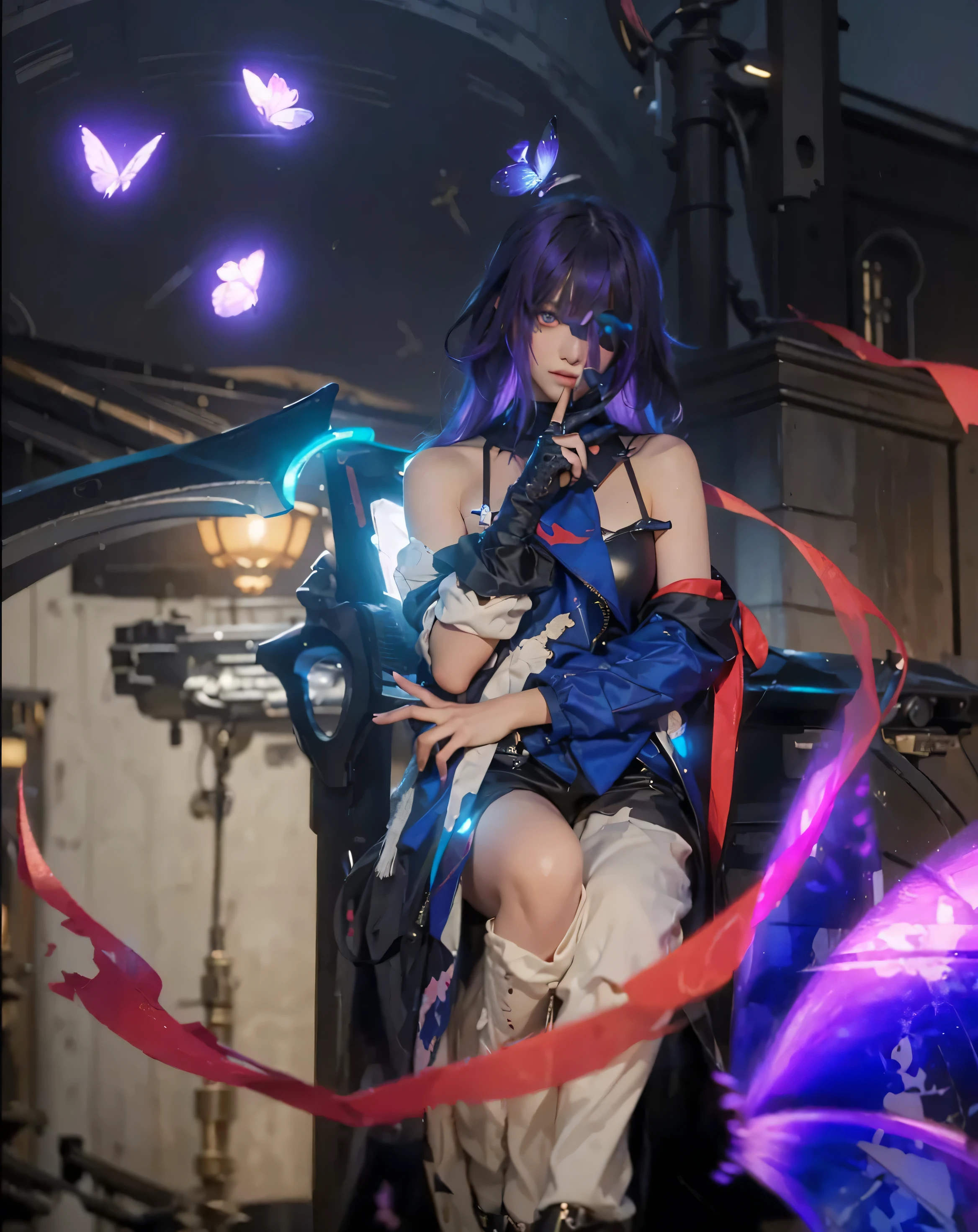 ((SEELE_HONKAI STAR RAIL)),((realistic, photorealistic)),(highlight hair)), Light reflection, (( HD )),((upper body)), (((best quality, masterpiece))), (masterpiece) (best quality) (detail) (8k) (HDR) (wallpaper) (cinematic lighting) (sharp focuasterpiece, best quality: 1.1), Real life adaption of this character, Shining green eyes, realistic outfit, realistic shadow, realistic light, realism, hyper realistic, realistic background,Realistic hair, realistic hair at the back,(photorealistic:1.2),(masterpiece:1.2, best quality), (ultra-detailed), (illustration), (ultra highres), (delicate illustration), (hyper-detailed), (super detail:1.3), professional lighting, cinematic lighting, (nostalgia and peacefulness:1.3), professional (landscape painting) of nature, best quality,masterpiece,high quality,real,realistic,super detailed,full detail,8K,masterpiece, best quality, SeeleV4, 1girl, solo, ((black sweater, black pants, ankle boots, long coat, black coat)), hands in pockets, smile, sitting, outdoors, city street,(Dumb Vector image:1.3) of (Detailed illustration:1.3),(Guilty:1.3) A photo of a girl, seele hsr, 1girl, long hair, bangs, solo, hair between eyes, looking at viewer, purple hair,(Flat style:1.3),Illustration,Behance,(Muted Colors:1.3), shiny, shiny hair, shiny skin, shiny clothes,Night background, underworld background,Flying red shawl, purple butterfly, glow effect, butterfly foreground,