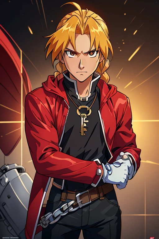 anime artwork realistic,  EdwardElricQuiron, 1boy,    a single metallic mechanical arm, white gloves, red jacket, long hair, male focus, single braid,  solo, . anime style, key visual, vibrant, studio anime, highly detailed