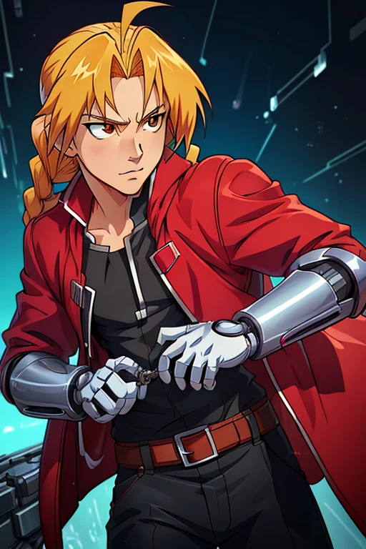 anime artwork realistic,  EdwardElricQuiron, 1boy,    a single metallic mechanical arm, white gloves, red jacket, long hair, male focus, single braid,  solo, . anime style, key visual, vibrant, studio anime, highly detailed