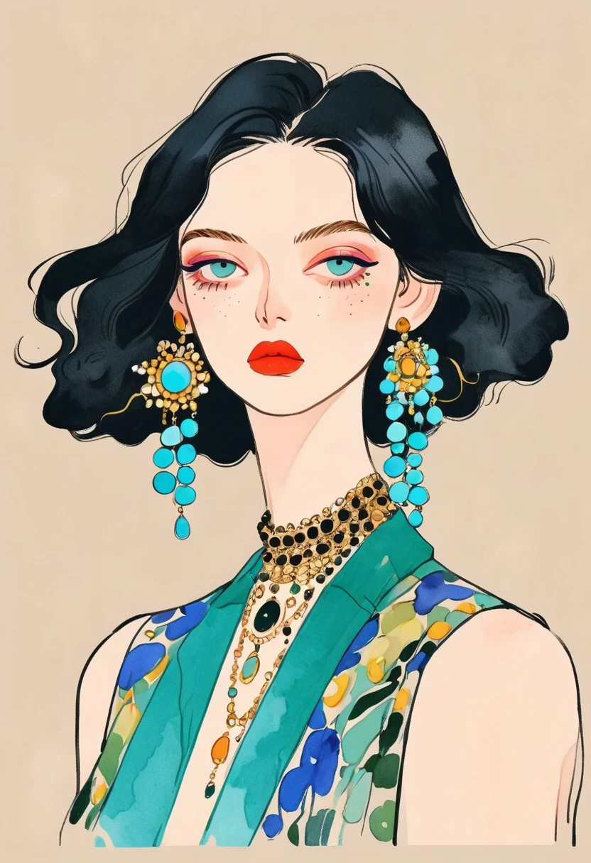 Fashion design sketch：Illustration of lady,Exaggerated jewelry， in style of Digital Illustration, Popular trends on artstration,solitary , Digital drawing, Portrait of Loepfe,  Fine Hair, (black line)，Illustration style, Digital Illustration, Color Sketch, watercolor Illustration style,