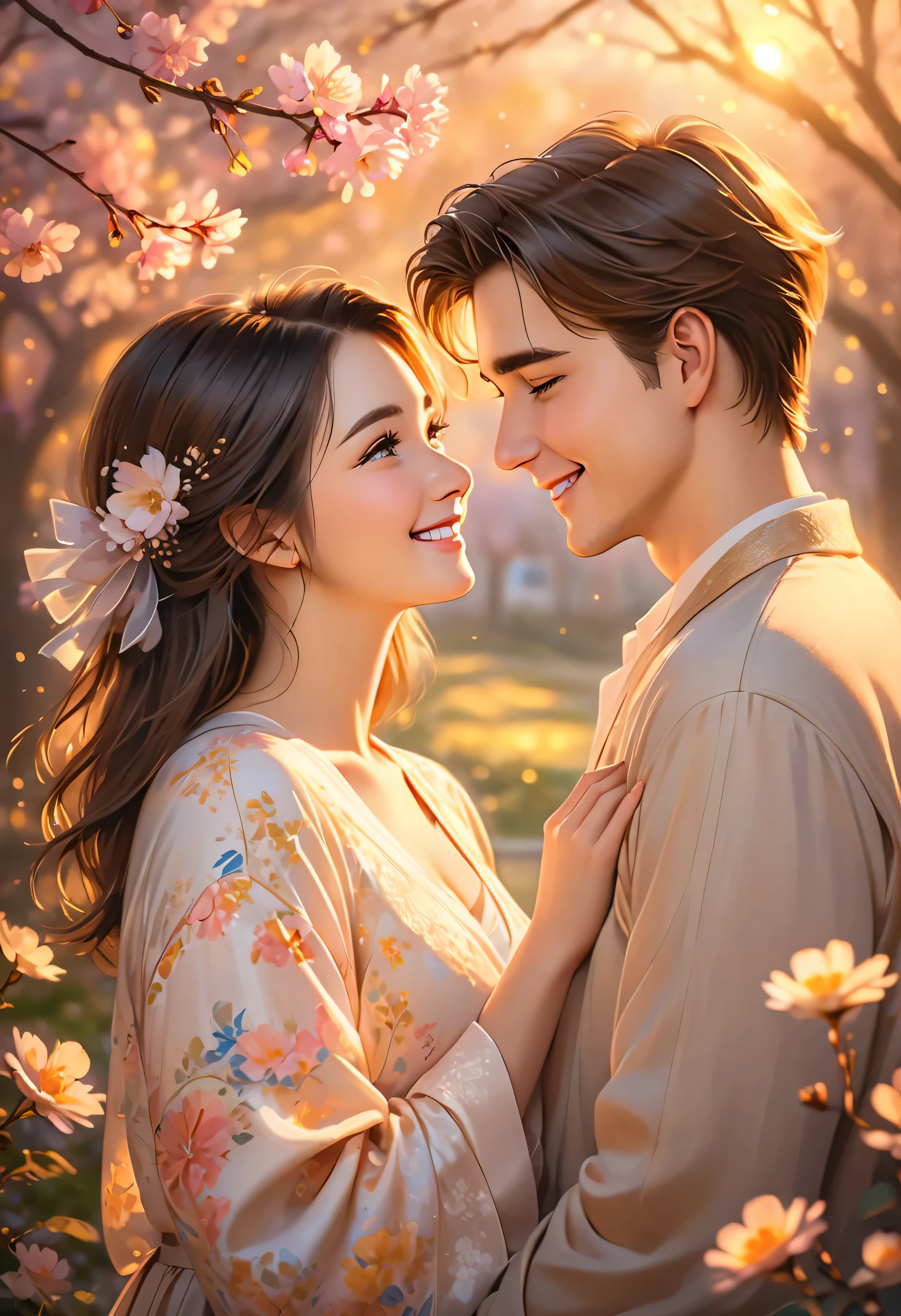 young romantic couple holding hands, soft focus background, twilight light casting a warm glow on their rapt faces, delicate smiles as they gaze into each other's eyes, early spring ambiance, delicate clothes gently touching, high resolution portrait, golden hour, F 2.5 aperture, ultra realistic, digital painting