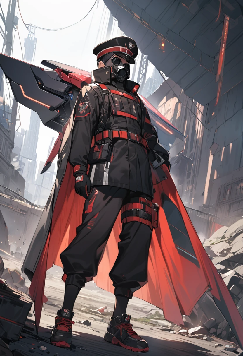 (masterpiece, best quality:1.1), (ultra highres, ultra-detailed:1.2),pop-style, one boy,male officer,(posing),(black military cap,military Gasmask,gloves,has large rweapon,(mechanical wings)),BREAK (cyberpunk nazi-uniform),(wasteland,no man's land),dynamic angle,