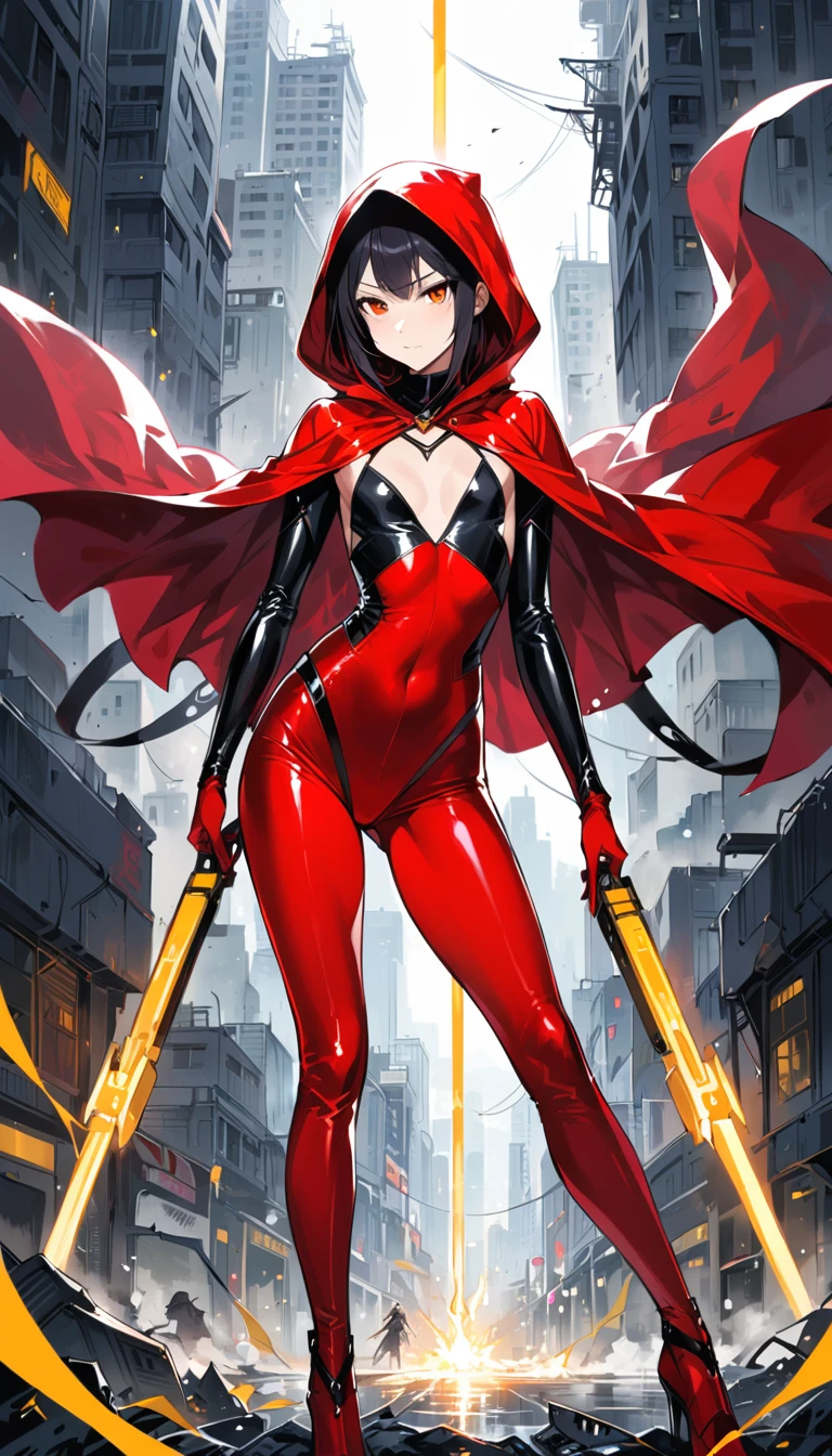 Create an image of an adult Red Riding Hood superhero who is vigilantly patrolling the crime-infested streets of a dark and dangerous city. She is a (((femboy))) wears a sleek, modernized version of the classic red hooded cape, but it's now a form-fitting, crimson latex outfit with black accents. Her costume features elements of both strength and grace, with a touch of yellow to symbolize hope and determination. She's armed with domination gadgets and is seen confidently navigating the gritty urban landscape, her presence a beacon of justice in the midst of chaos. (((sexy))). ((((flat chest)))) action pose, dynamic angle