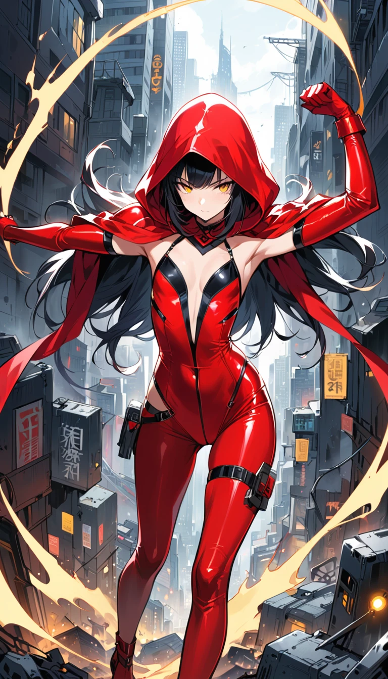 Create an image of an adult Red Riding Hood superhero who is vigilantly patrolling the crime-infested streets of a dark and dangerous city. She is a (((femboy))) wears a sleek, modernized version of the classic red hooded cape, but it's now a form-fitting, crimson latex outfit with black accents. Her costume features elements of both strength and grace, with a touch of yellow to symbolize hope and determination. She's armed with domination gadgets and is seen confidently navigating the gritty urban landscape, her presence a beacon of justice in the midst of chaos. (((sexy))). ((((flat chest)))) action pose, dynamic angle