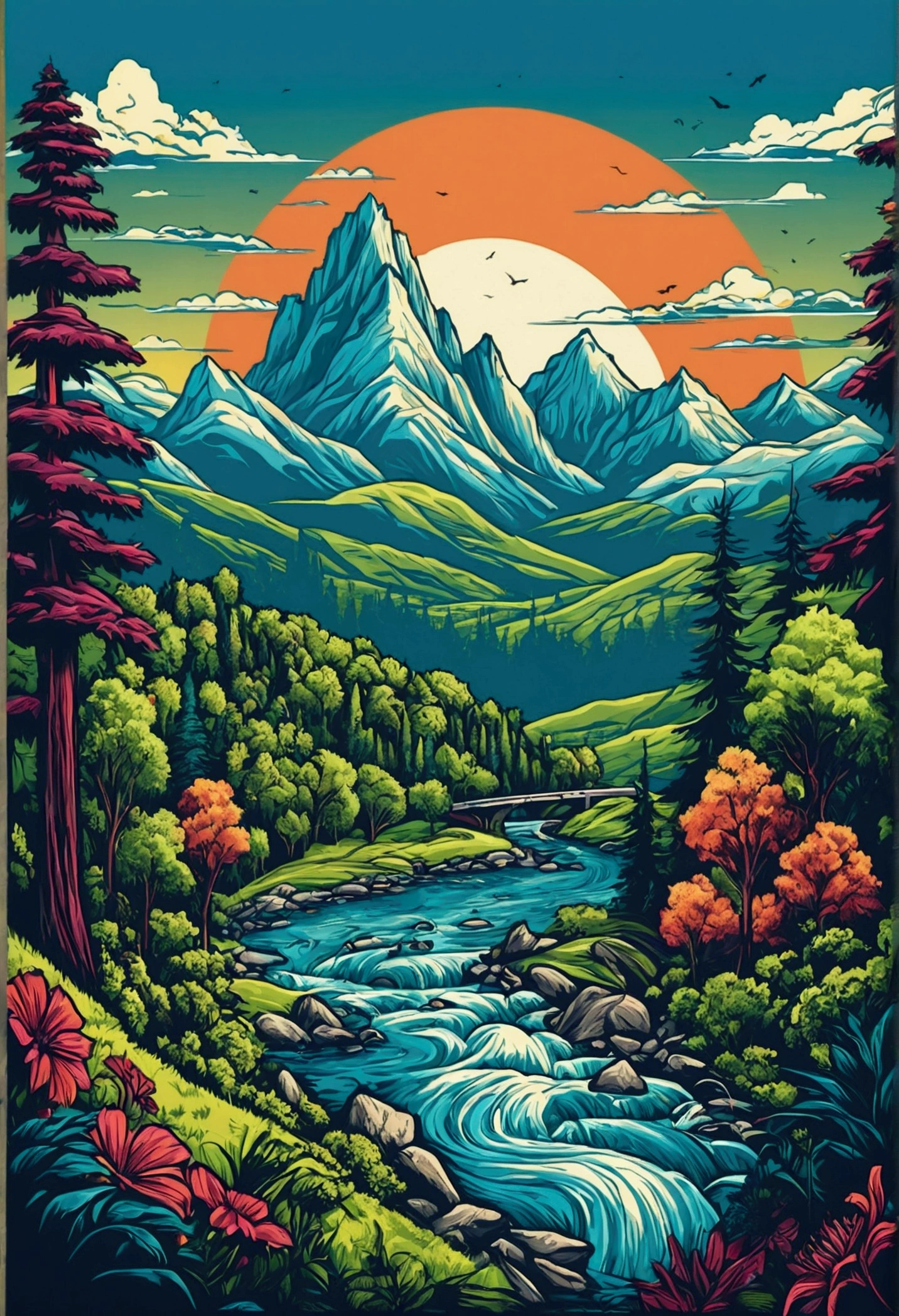 "A city in a summer landscape with mountains in the background., surrounded by trees, Vibrant t-shirt design with vector art details by Hydro74.."