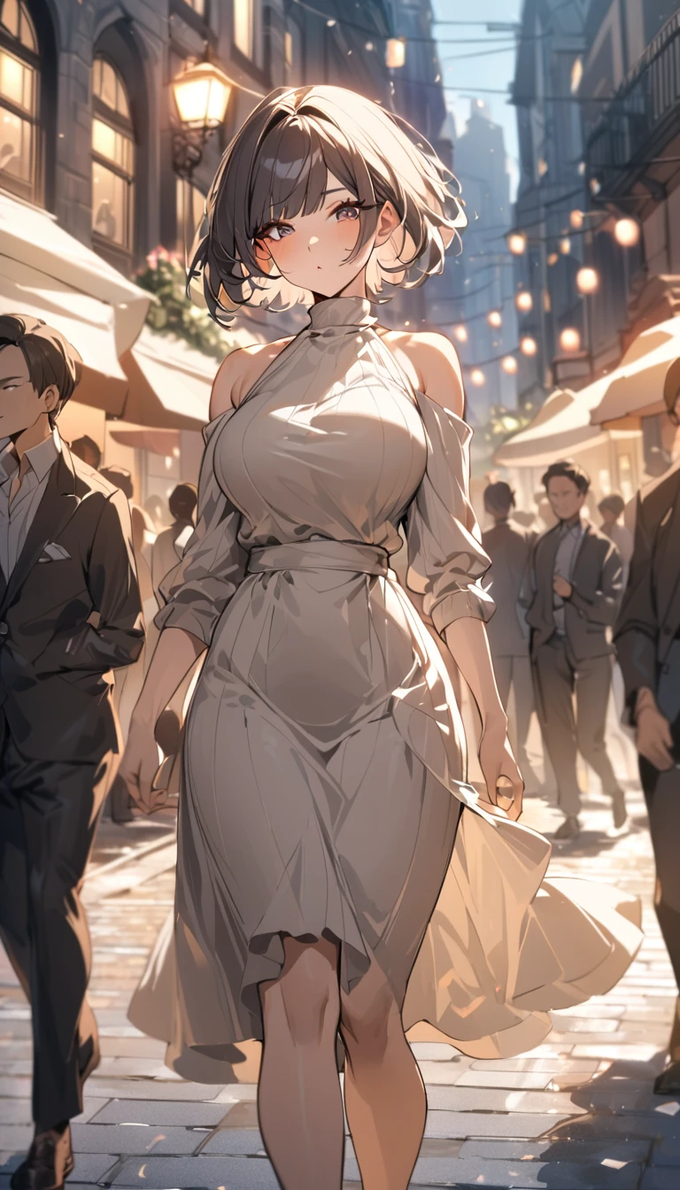 best quality, 1 girl, (sKindentation), (Huge breasts:1.2), (blur bacKground:0.6), (street:1.2), (people, crowd:1), garden, sky, outdoor, (Casual yet stylish, elegant fabric, high necK dress:1.5), Gorgeous, (Bangs, short hair:1.5), (flowing hair:1.2), (dynamic poses:1.2), soft light, Wind, (headlight:1.5),  maKeup, 