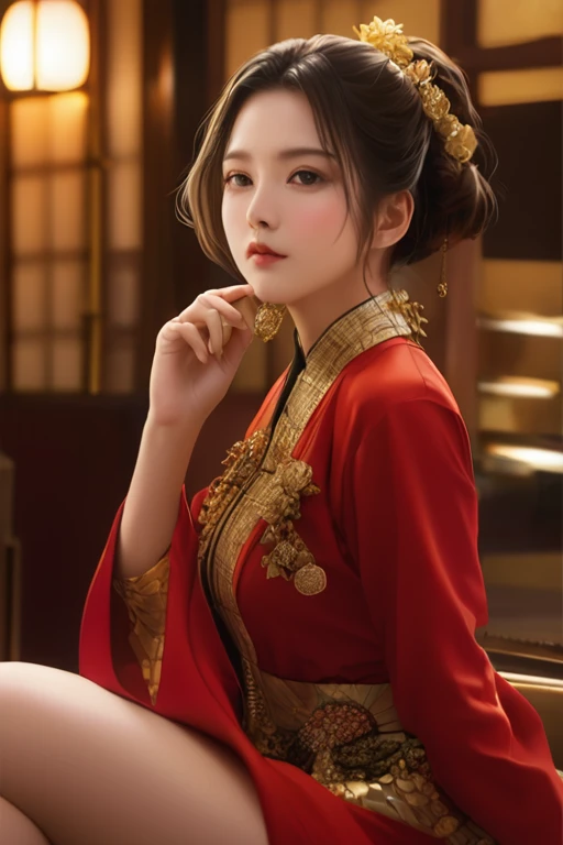 (Very detailedな金メッキの女性)、(It&#39;s gold plated from every angle。)Beautiful detailed eyes、Beautiful detailed lips、Very detailedな目と顔、Long eyelashes、Elegant flowing dress、Intricate gold jewelry、Dramatic lighting、Cinematic composition,Photorealistic,masterpiece,8k,Surreal,Bright colors,Dramatic Shadows,Very detailed,装飾的でGorgeous、 Gorgeous