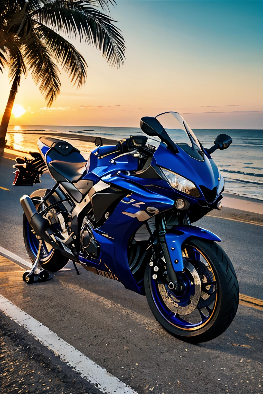 Paint a scene of the Yamaha YZF-R3 on a coastal road with the sunset in the background. Use warm, golden colors for the sky and reflections on the bike. Add details like the winding road, palm trees and the ocean next door