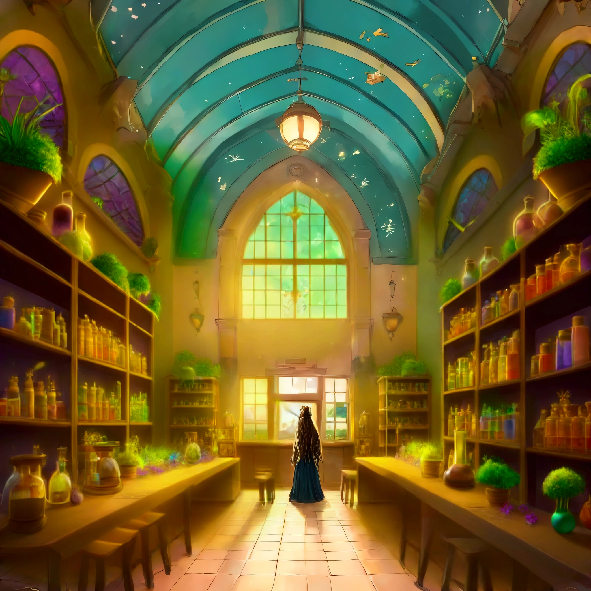 pharmacy academy, magic potions, fantasy colors, plants flowers and chemistry flasks, windows with stars