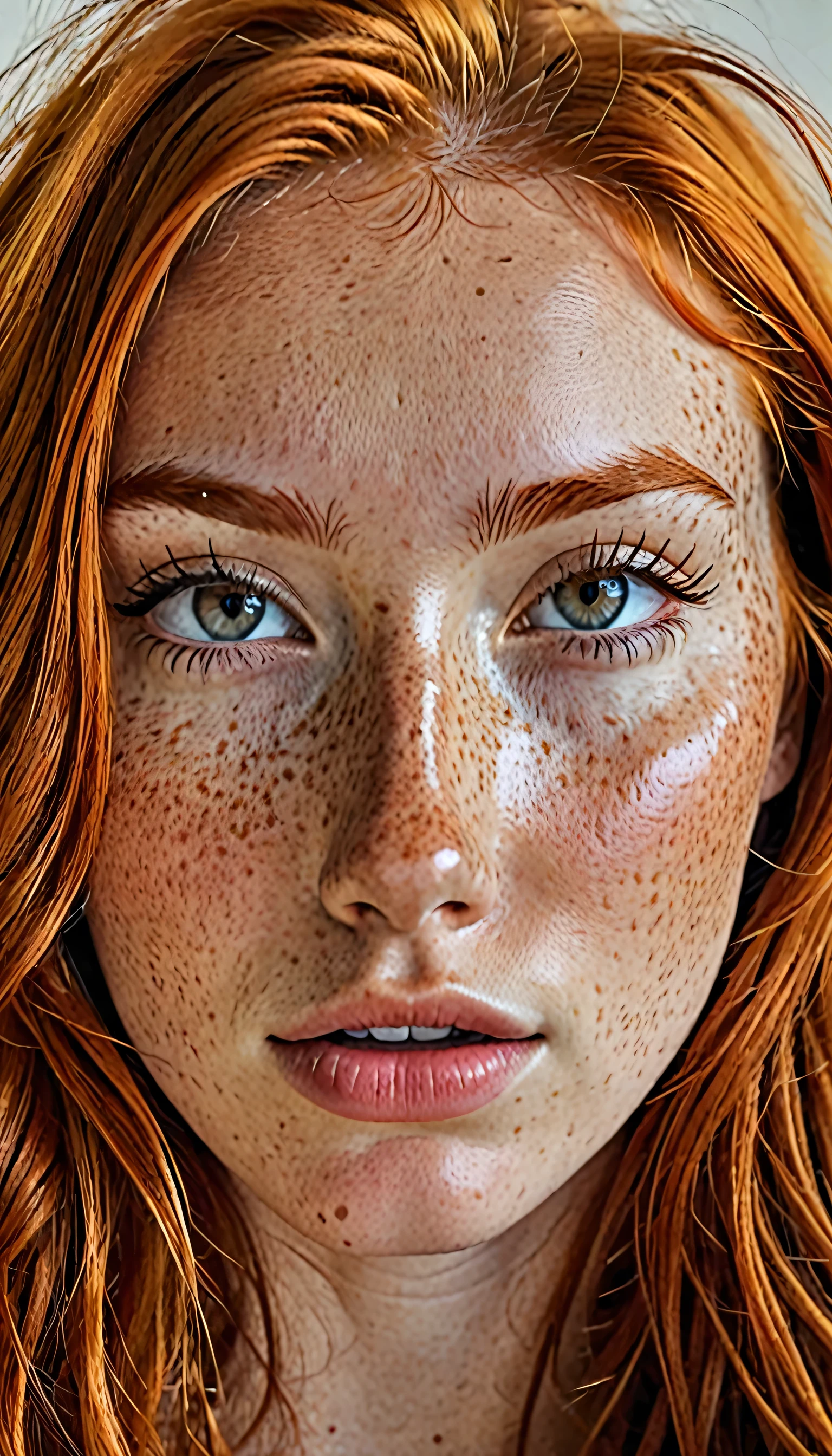 femme jeunes adulte, Cheveux roux long, détails complexes, realiste, hyper détaillé, Hyper-résolution; texture de peau réaliste, détaille réalistique, (freckles), selfie
